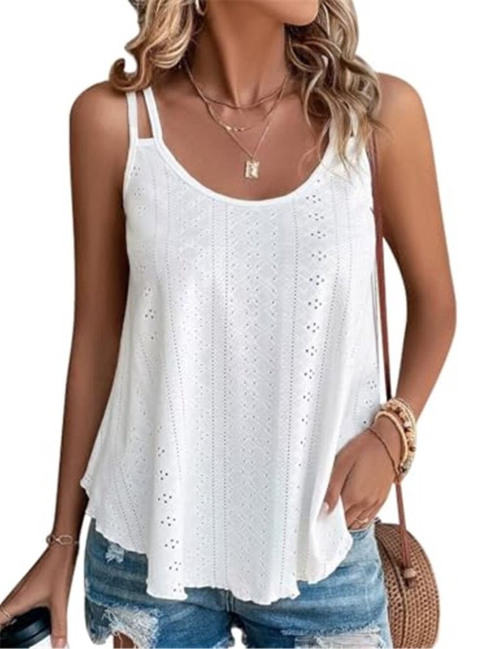 White Eyelet Sleeveless Tank Top Flowy Scoop Neck Casual Summer Blouse